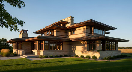 Obraz premium Expansive Prairie Architecture Showing Flat Roofline And Horizontal Emphasis