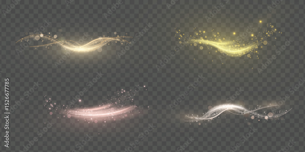 Poster Golden glowing light swirls with smooth curves and spark particles on transparent background. Ideal for energy effects, elegant transitions, or fantasy motion design in digital projects.