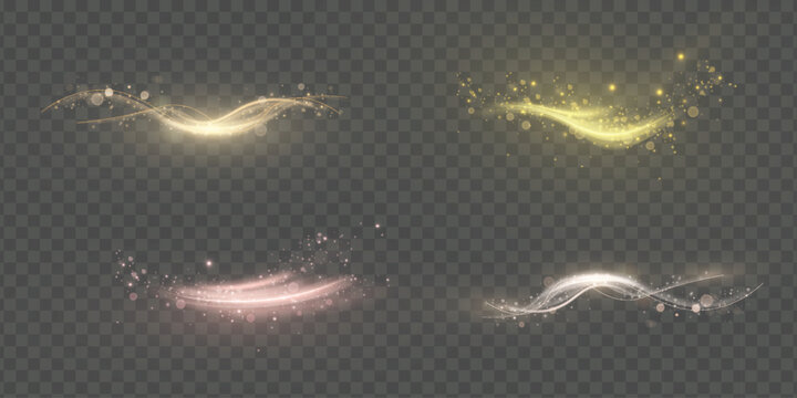 Golden glowing light swirls with smooth curves and spark particles on transparent background. Ideal for energy effects, elegant transitions, or fantasy motion design in digital projects.