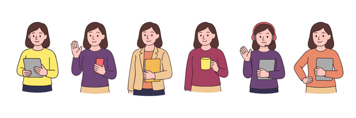 Hand-drawn set of female office workers and digital professionals with gadgets and documents. Women in casual poses with tablets, phones, cups, and headsets. Line art vector illustration on white