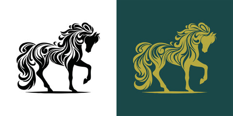 Modern horse silhouette logo. Vector illustration template, Horse gallop emblem. Nature-inspired badge design, Equine logo. Horse silhouette icon, Majestic horse symbol. Premium brand identity concept
