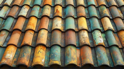 Close-up of an old, colorful tile roof, showcasing an intriguing texture and weathered appearance.