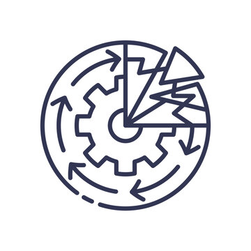 A gear with arrows and a broken section symbolizes disruption in continuity.