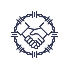 Handshake surrounded by barbed wire, symbolizing conflict resolution amidst tension.