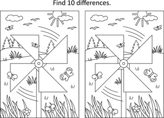 Pinwheel toy difference game and coloring page
