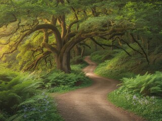 Sunlit path winding through lush green forest