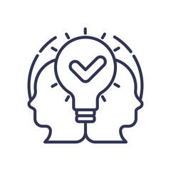 Two heads with a light bulb symbolize shared understanding and collaboration.
