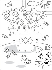 Potted flowers dot-to-dot hidden picture puzzle and coloring page, poster, or activity sheet with flower pot, butterflies and funny curious cat
