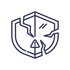 A cracked shield with an exclamation mark symbolizes vulnerability and protection issues.