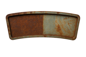 A rusty metal sign with a green stripe. The sign is old and worn, but it still has some life to it. The contrast between the rust and the green stripe creates a sense of nostalgia and history