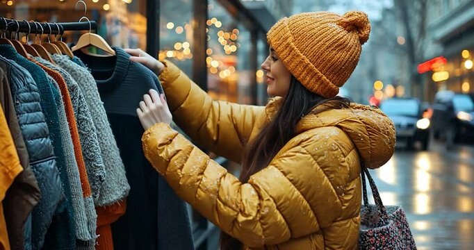 A person in a yellow winter outfit is browsing clothing at a store front display, focusing on a selection of garments in the storefront. The background features street scenes