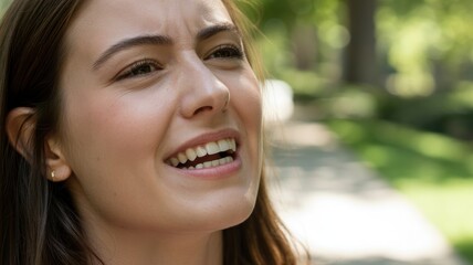 Fototapeta premium Young caucasian female smiling outdoors in natural light
