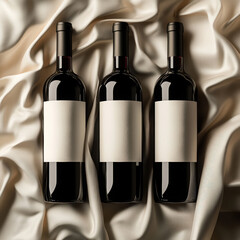 A dark elegant wine bottle standing upright on a soft, cream-colored fabric background, with soft natural lighting casting gentle shadows. . High quality photo