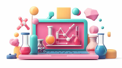 Colorful 3D Render of Laptop Displaying Science Experiments