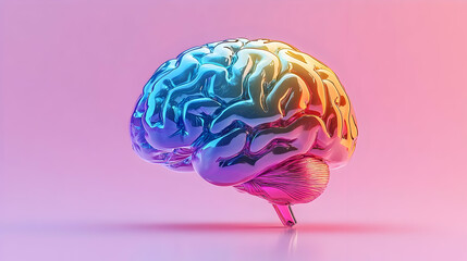 Colorful 3D Render of Human Brain in Pixel Art Style on Pink Background