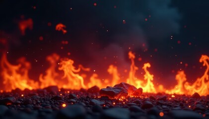 Intense fire, isolated on dark, flickering edges , light, red, energy
