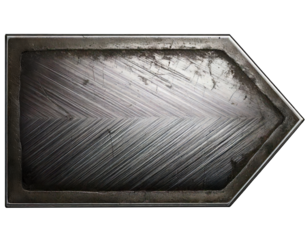 A metal arrow with a rusted edge. The arrow is bent and has a worn appearance. It is likely to be a sign or a symbol