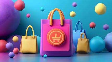 Colorful 3D Render of Shopping Bags with Abstract Spheres