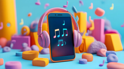 Colorful 3D Render of Phone with Headphones and Music Notes
