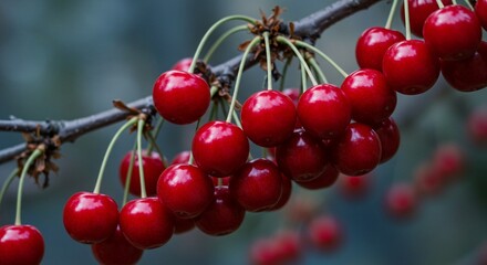 Lush red cherries hang heavy from a branch, plump and gleaming, promising a taste of summer's sweetness.