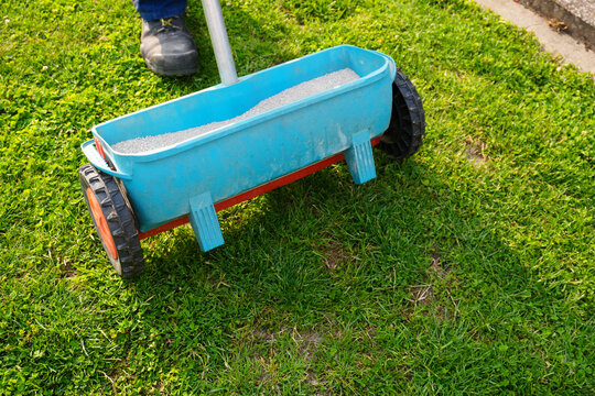 Ein Streuwagen mit Rasend&uuml;nger im Garten