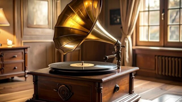 Vintage phonograph with golden horn and vinyl record in a warmly lit, classic styled room with period furniture and a window
