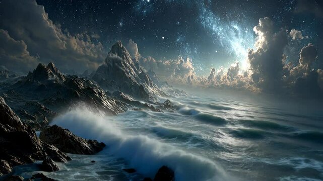 otherworldly at rock mountain shore raging ocean under starry night sky