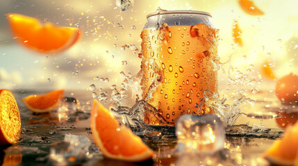Chilled aluminum can with frost and water droplets, surrounded by floating orange slices and ice cubes on pastel orange background