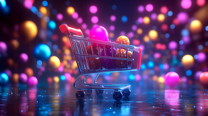 Colorful Balls in a Shopping Cart with Neon Lights