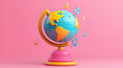 Colorful Cartoon Globe with Music Notes on Pink Background