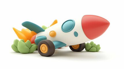 Colorful Cartoon Rocket Toy Launching Among Green Plants