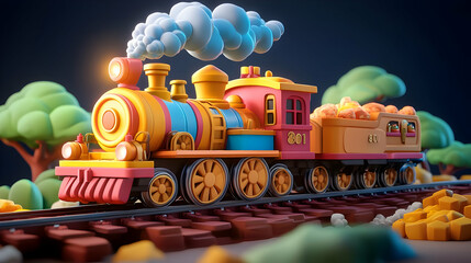 Colorful Cartoon Steam Train on Railroad Tracks