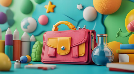 Colorful Cartoon School Bag with Art Supplies on Teal Background