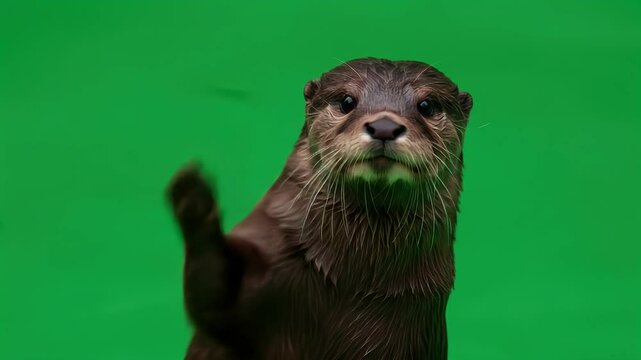 Otter Waving on Green Screen: Wildlife Studio Shot