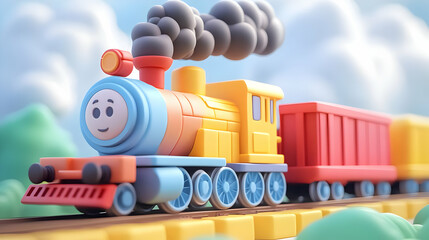 Colorful Cartoon Train on Tracks Through Green Hills