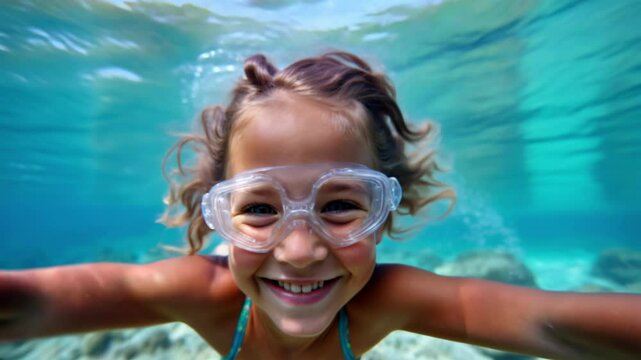 Joyful young girl swimming underwater with clear goggles, smiling playfully toward camera in tropical turquoise sea, full of bubbles . Generative A