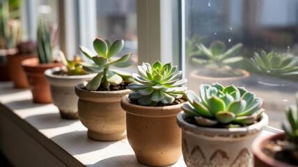 Fototapeta premium Sunlit succulents on windowsill: vibrant indoor plant arrangement in natural light