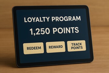 A loyalty program displayed on a digital tablet with the words "Redeem," "Reward," and "Track Points" on the screen