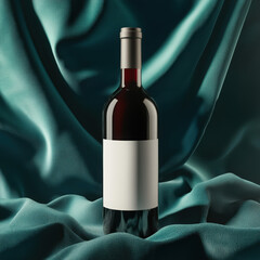 A dark elegant wine bottle standing upright on a soft, cream-colored fabric background, with soft natural lighting casting gentle shadows. High quality photo