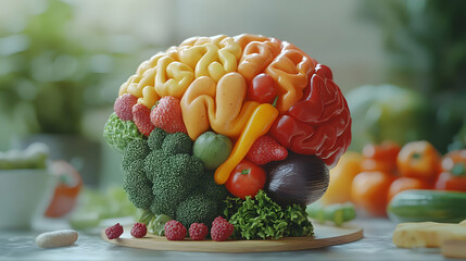 Colorful Fruit And Vegetable Brain Model On Wooden Board