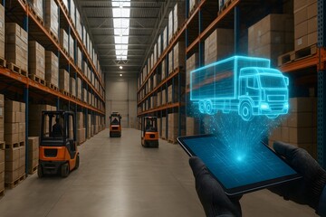 Warehouse management with advanced technology, a truck in the form of a hologram appearing from the tablet. A modern and technological approach in warehouses.