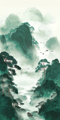 Verdant mountains and flowing rivers in a tranquil misty landscape, 4k high resolution chinese watercolour