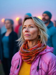 Mature woman standing calmly during an early morning group meditation in a foggy park