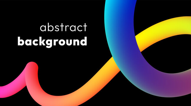 Vibrant abstract background with colorful wavy gradient line, smooth tubular shape on black backdrop. Fluid vivid rainbow ribbon with squiggly loops or spirals. Trendy dynamic futuristic banner