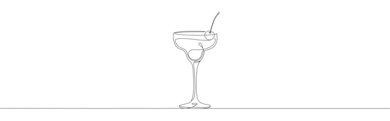 Cocktail continuous one line drawing. Alcohol drink with cherry.