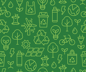 Seamless ecology pattern with green line icons of sustainability, recycling, zero waste, and renewable energy. Perfect for packaging, textile prints, and eco design projects.