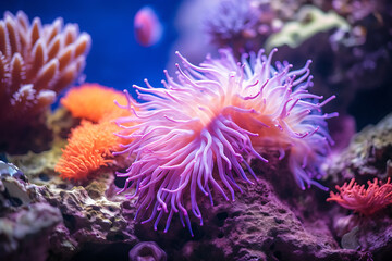 Obraz premium Lush and colorful sea anemones and soft corals create an inviting undersea garden, with sunlight filtering through the water surface, a tranquil ocean scene