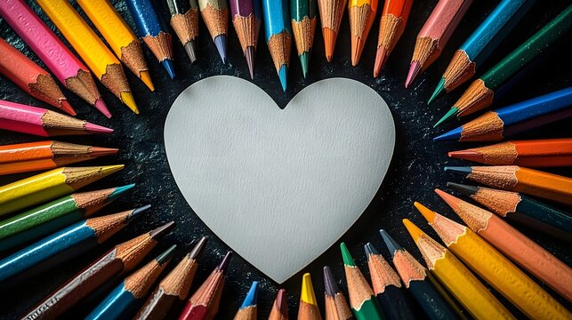 Blank white heart shaped card surrounded by sharpened colored pencils - Powered by Adobe