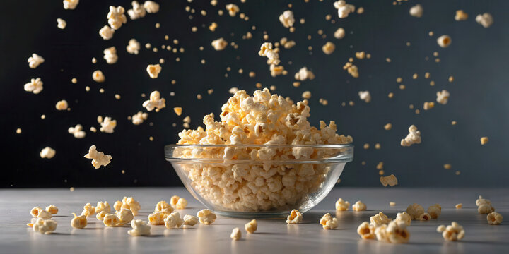 A clear glass bowl filled with popcorn sits on a wooden surface, with popcorn pieces flying mid-air against a dark background.