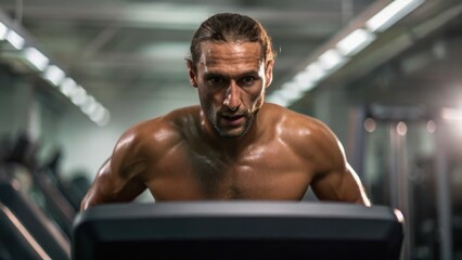 A determined man exercises intensely on a treadmill, showcasing muscular definition and focus in a gym environment.